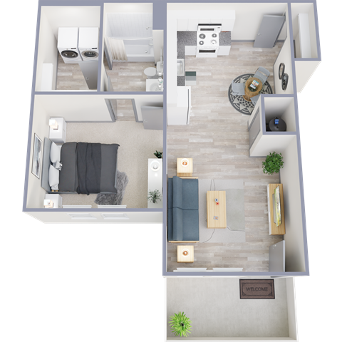 Floor plan for 1 bed, 1 bath, 667 sqft